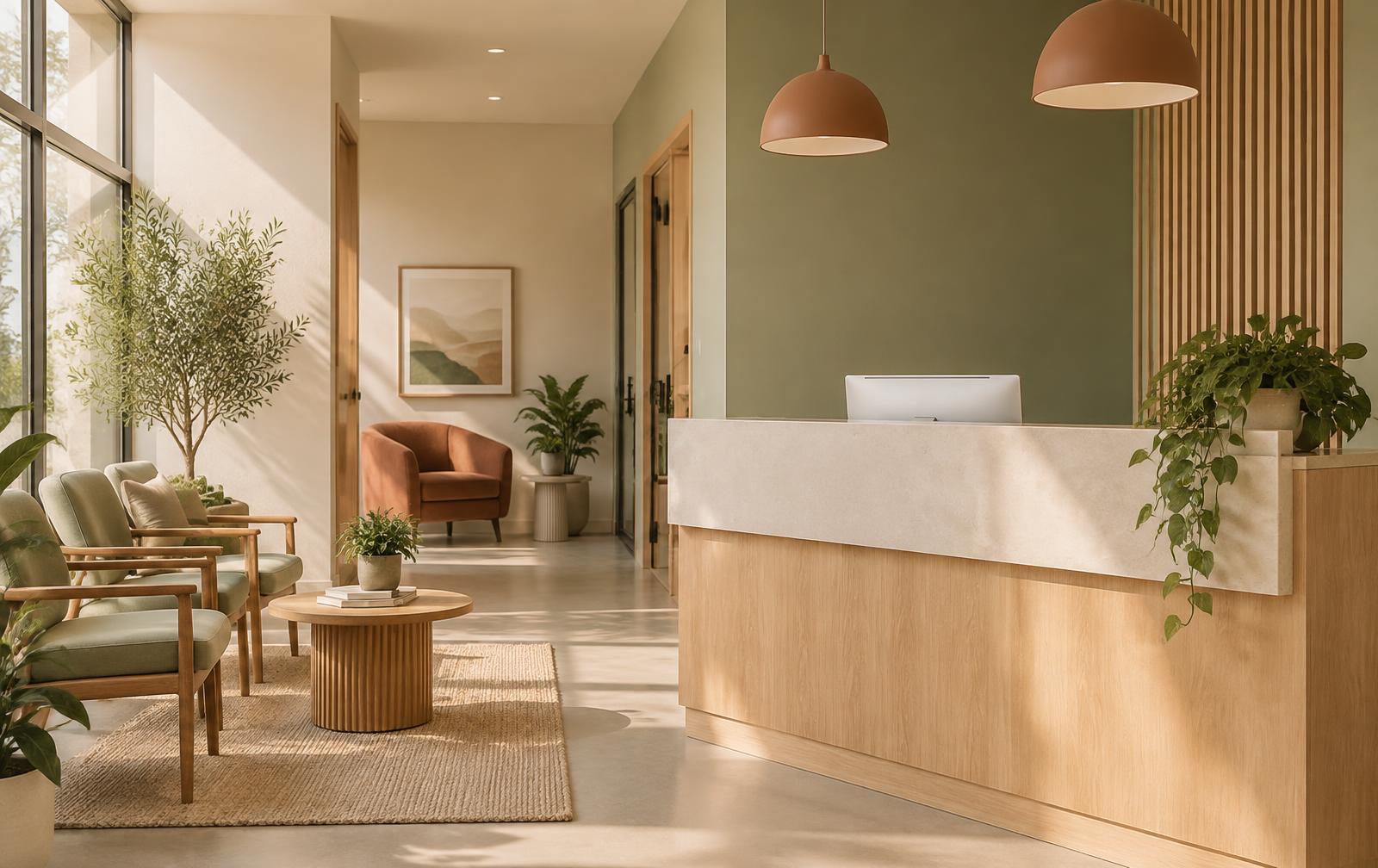 Sunlit reception area of a modern Texas outpatient mental health clinic