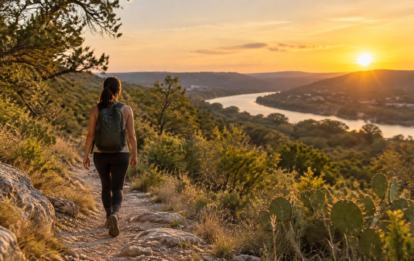 Person walking a Texas Hill Country trail at golden hour